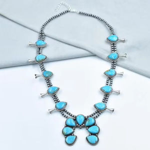 Kingman Turquoise Squash Blossom Necklace In Sterling <b>Silver</b> With <b>20</b> <b>Inch</b> Adjustable <b>Chain</b> Handmade Jewelry - Product Image 1