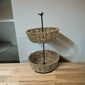 Cesta de fruta personalizable de 2 niveles, cuerda de Yute natural y metal tejido a mano por artesanos indios, almacenamiento de ratán con estilo floral - Product Image 5