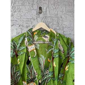 Green Jungle Printed Summer Soft Cotton Kimono Robe Ropa de dormir para mujer Camisones Patrón de estilo personalizado de alta calidad - Product Image 3