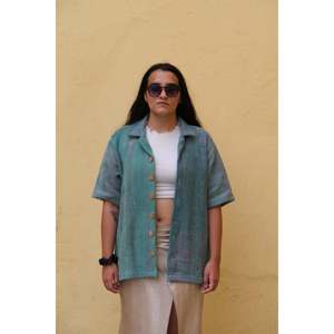 Vintage <b>Linen</b> Patchwork Kantha Shirt with Embroidery Decoration - Product Image 1