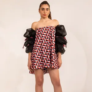 Black & red geometric print off shoulder midi dress with organza statement sleeves Casual women's short dress at low price