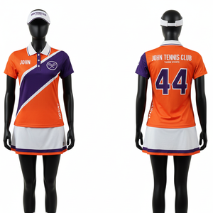 Uniforme de tennis pour femmes en polyester de qualité supérieure, respirant et anti-humidité, chemise polo rayée bleu marine et jaune, jupe plissée, logo personnalisé par sublimation - Product Image 2