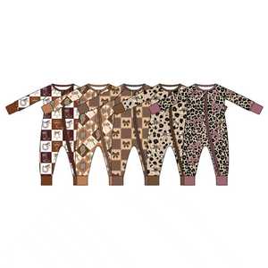Combinaison bébé fille à manches longues avec fermeture éclair, impression personnalisée OEM/ODM, 0-24 mois, motif léopard, carreaux et nœud. - Product Image 2
