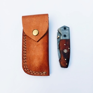 Wholesale Full Damascus Steel Inner Lock Folding Knife DIY Grade OEM Customizable Wood Leather Sheath for Outdoor Pocket Use - Product Image 5
