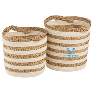 Customizable <b>Large</b> Seagrass <b>Basket</b> Set <b>Wicker</b> Mix Cotton with Stitching Pantry Organizer for Home Kitchen Storage - Product Image 1
