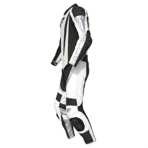 Combinaison de moto personnalisable noire et blanche, conçue avec des zones de protection textiles durables, ajustement confortable, fonctionnalités complètes - Product Image 2