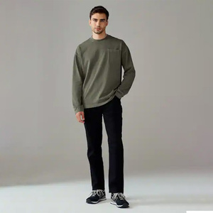 Camiseta informal de manga larga de algodón orgánico para hombre 100%, logotipo impreso personalizado, cuello redondo, bolsillo en el pecho, estilo Retro, tejido de talla grande - Product Image 1