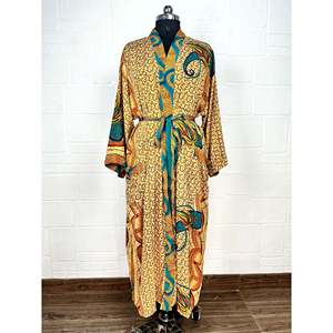 Recycled Vintage Silk Sari Robe Boho House <b>Kimono</b> Dressing Gown Paisley Print <b>Beach</b> Coverup-Anniversary Gift for Bridesmaids - Product Image 1