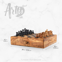 Jeu d'échecs artisanal en bois d'olivier ArtisRaw avec rangement, écologique et durable, jeu de société de luxe pour enfants