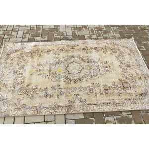 3.7x6.6 ft Rug, Vintage Turkish Rug, <b>Brown</b> Gray Check <b>Wool</b> Rug - Product Image 3