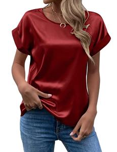 Camiseta Casual Holgada de Manga Corta con Cuello en V de Satén para Mujer, Talla Grande, Estilo Urbano, Primavera-Verano - Product Image 5