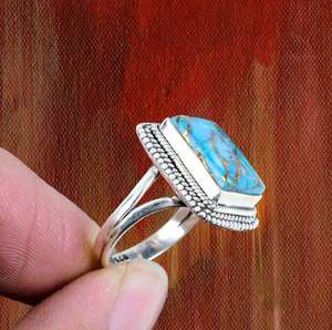 Hecho a mano 925 anillo de plata esterlina sólida cobre Natural turquesa forma octogonal bisel ajuste incrustaciones joyería de plata estampada a mano - Product Image 2