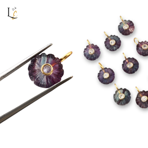 Pendentif en pierre précieuse sculptée en forme de fleur de fluorite arc-en-ciel avec incrustation de zircon, fait à la main, en argent sterling 925 plaqué or, pendentifs fins, breloques - Product Image 5