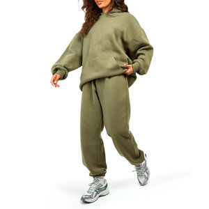 Conjunto de Sudadera con capucha y pantalones en blanco de gran tamaño para mujer Conjunto de chándal de jogging de color sólido de alta calidad para mujer - Product Image 1