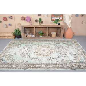 Tapis Vintage en Laine Turque 5.7 X 9.3ft Vert Beige Plat Tissage Patchwork Motif pour Salon Couloir Décor avec Support en Latex - Product Image 4