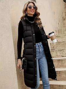 <strong>Ladies</strong> Long Quilted Vest Sleeveless Hooded Puffer Jacket Winter Outerwear with Zipper Front Closure - Product Image 2