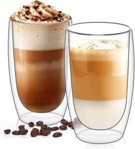 ComSaf 15oz <b>Double</b> <b>Wall</b> Insulated Glass Coffee <b>Mugs</b> Dishwasher & Microwave Safe Christmas Birthday Gift - Product Image 1