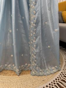 FENDY SILK DESIGNER SAREE <b>BEADS</b> WORK WITH VELVET BLOUSE WEDDING WEAR - Product Image 4
