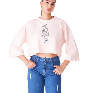 Camiseta Corta de Estilo Urbano para Mujer, Holgada, de Algodón, Lisa, Estilo Urbano, con Logotipo Personalizado, Top de Verano - Product Image 1