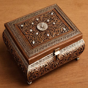 Brown carved <b>wood</b> jewelry <b>box</b>, silver accents, decorative. Elegant keepsake chest, available at wholesale prices. - Product Image 1