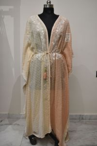 Elegante vestido caftán con cuello redondo para adultos verano hasta el suelo cintura Natural doble tono bordado recto gasa sólida - Product Image 2