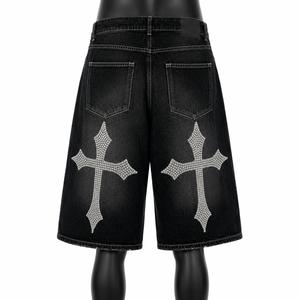 Pantalones Cortos Vaqueros de Mezclilla para Hombre, Estilo Vintage, Lavados, con Cruz de Pedrería, Ajuste Holgado, Estilo Gótico Urbano, Venta al por Mayor - Product Image 2
