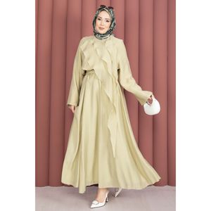 Robe asymétrique à volants en lin 100% pour hiver et printemps, style mousseline, 2 pièces, couleur vert olive, style club, manches courtes - Product Image 5
