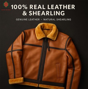 Veste aviateur en cuir moutonnée décontractée pour homme, couleur marron unie, col mandarin, fermeture éclair, manteau d'hiver, service OEM - Product Image 6
