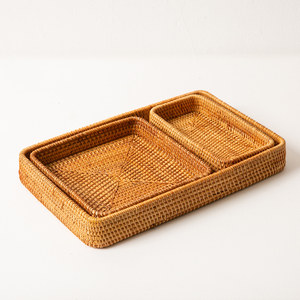 Proveedor de confianza, bandeja de decoración cuadrada rectangular de ratán natural ecológica, Juego de 3 bandejas rectangulares para almacenamiento en el hogar - Product Image 1