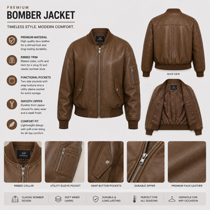 Blouson aviateur en cuir véritable marron, col montant, manches longues, poches plaquées, coupe classique pour adulte, style automne - Product Image 4