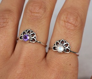Solid 925 Sterling Silver Simple Vintage Rhodium Plated Bezel Set Christian Women's/Unisex Ring Natural Amethyst Mandala <b>Lotus</b> - Product Image 3