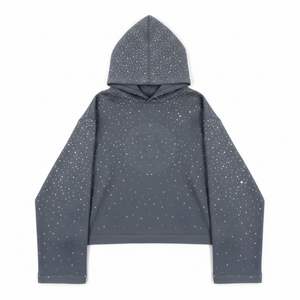 Sweat-shirt à capuche court en coton gris lourd avec logo personnalisé, strass, fermeture éclair, streetwear pour femmes, style de marque - Product Image 4