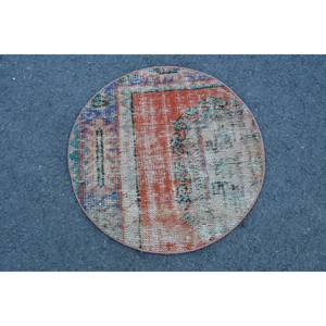 Alfombra turca de lana naranja y azul vintage con respaldo de látex-Respetuoso con el medio ambiente 2.3ft X 2.3ft - Product Image 3