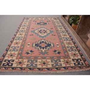 พรมตุรกีวินเทจคลาสสิกสีชมพูสีฟ้า4.1 x 6.4ft พื้นที่ขนาดใหญ่ผ้าขนสัตว์ด้านหลังรูปแบบนามธรรมสำหรับวัยรุ่นสี่เหลี่ยมผืนผ้าห้องโถง - Product Image 2