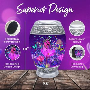 โกศสีม่วงขนาดใหญ่พร้อมผีเสื้อ - โกศสําหรับผู้ใหญ่สําหรับผู้หญิงและผู้ชายที่มีกระเป๋า - โกศผีเสื้อสีม่วงสําหรับเถ้าผู้ใหญ่ - เกียรติยศคนที่คุณรัก - Product Image 4