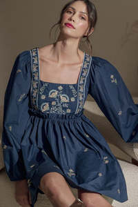 ชุดเดรสผ้าฝ้ายทรงเอแขนพองยาวคอเหลี่ยมปักลายสไตล์โบฮีเมียนสีล้วนเป็นมิตรต่อสิ่งแวดล้อม - Product Image 5