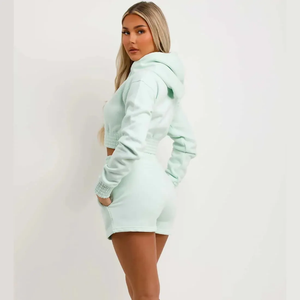 Ensemble de survêtement solide à capuche d'été personnalisé pour les femmes tenues de 2 pièces Streetwear mode shorts et haut court - Product Image 3