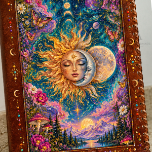 Carnet en cuir fait main Soleil et Lune, Art céleste imprimé UV 3D, Cahier vintage cousu main, Grimoire floral fantastique - Product Image 5