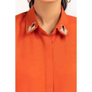 เสื้อเชิ้ตผู้หญิงผ้าจอร์เจียต์ย้อมสีส้มปักลายทรงหลวม ไซส์ XL ถึง 4XL สไตล์ตะวันตก สำหรับฤดูใบไม้ผลิและฤดูใบไม้ร่วง ความยาวสั้น ตกแต่งด้วยลูกไม้ - Product Image 5