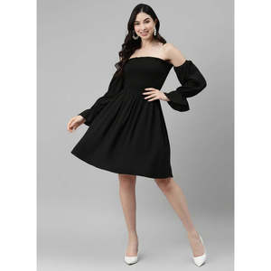 Vestido de Fiesta Elegante Deebaco para Mujer, Color Bronceado, Largo por Encima de la Rodilla, Hombros Descubiertos, Corte en A, Cintura Imperio, Manga Larga, Sólido, de Rayón Lavable - Product Image 3