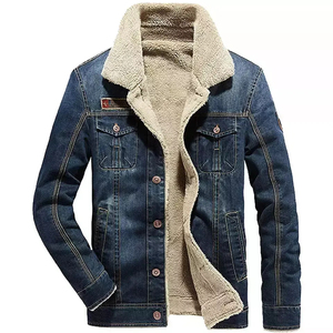 Warm fleece denim <b>jacket</b> for <b>men</b> thick <b>sherpa</b> lining vintage trucker style outerwear streetwear blue jean coat casual - Product Image 2