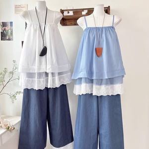 Conjunto Casual para Mujer OEM ODM, Top sin Mangas con Encaje de Chifón y Pantalones Anchos - Product Image 4