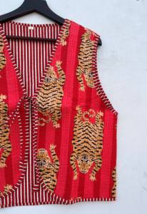 Chaqueta acolchada de algodón con cuello en V hecha a mano para mujer, Chaleco corto con estampado de leopardo, cierre frontal abierto a rayas, Primavera/Verano - Product Image 2