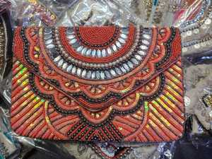 Shreeya Fineries Handmade Satin Beaded Envelope <b>Clutch</b> Purse Geometric Pattern Chain Strap Zipper Closure Evening Bag - Product Image 2