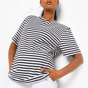 Camisetas a rayas para mujer, camisetas de manga corta con cuello redondo, tela de algodón 100%, camisetas con cuello redondo para mujer al por mayor - Product Image 1