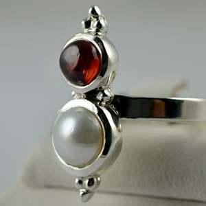 925 Sterling <b>Silver</b> Handmade <b>Ring</b> with Freshwater Pearl and <b>Garnet</b> Boho June Birthstone Jewelry Perfect Gift for Her Birthday - Product Image 6
