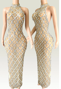 Elegante elegante antiestático señoras sin mangas vestido de noche de longitud completa perlas rebordear decoración para eventos de cóctel - Product Image 5