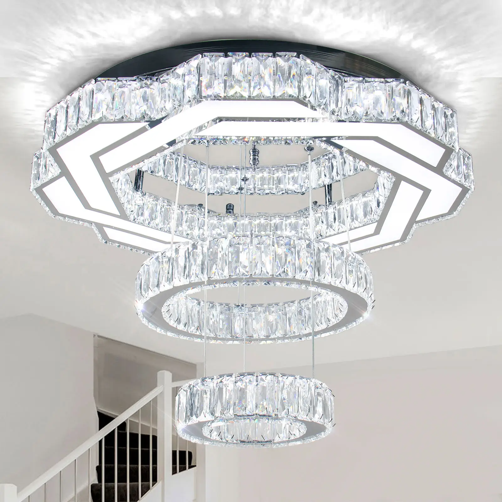 Moderne 22,5 "große Kristall Kronleuchter LED Kristall Decken leuchte mit 2 Ringen Pendel leuchte Unterputz Kronleuchter für Schlafzimmer