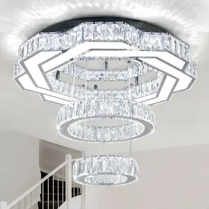 Moderne 22.5 "Grote Kristallen Kroonluchter Led-Kristallen Plafondlamp Met 2 Ringen Hanglamp Flush Mount Kroonluchter Voor Slaapkamer
