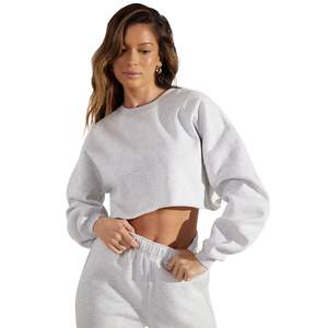 Custom Logo Women's Cotton Drop Shoulder Solid Plus Size High Street Cropped Pullover <b>Hoodies</b> Raw Hem Cut Edge Long Sleeve Sweat - Product Image 2